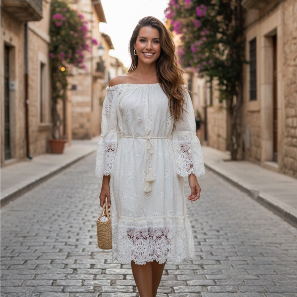 Boho Off-Shoulder White Lace Midi Dress with Tassel Tie NWOT